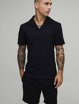 Herren Kurzarm Jersey Fischgrät Schmal Geschnittenes Polo-Hemd & Shorts Set Black Größe Large