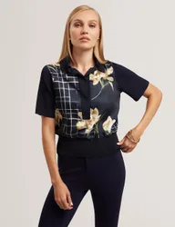 Floral Woven Front Polo Top Navy female