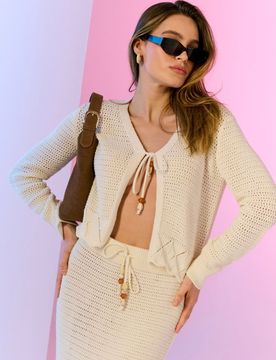 Cardigan traforato con legatura - nude
