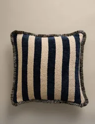 Fringed Chenille Stripe Cushion Cover Navy Mix