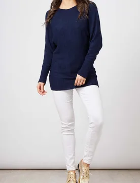 Fine Gauge Tape Batwing Jumper - L / NAVY - female - Blue Vanilla - FashionsVida