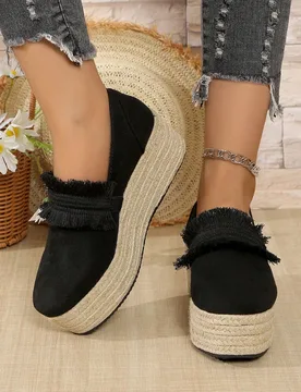 Zapatos de cuña de plataforma con punta redonda tipo alpargata para mujer, suela de cuerda de lino casual y al aire libre, tacones altos de ante, tal - Shein - FashionsVida