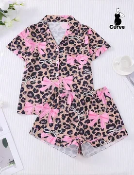 Set de 2 piezas de pijama de mujer, estampado de leopardo y lazo, ropa de estar en casa de mujer, conjunto de primavera/verano para vacaciones, top co - Shein - FashionsVida