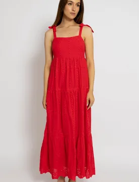 Women's Breezy Red Tiered Sundress With Tie Straps Size: Medium - Red - Size: M - Cutie London - FashionsVida