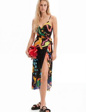 Vestido midi cruzado dibujos jungla, Mujer, Viscosa, Negro, XS
