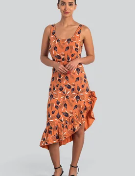 Women's Square-Neck Ruffle Wrap Botanical Print Dress in Burnt Orange Size: 18 - Burnt Orange - Size: 18 - Enorsia - FashionsVida