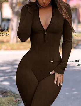 Mono de manga larga con cremallera y costillas de unicolor para mujer, adecuado para yoga, correr, actividades al aire libre y deportes de primavera - Shein - FashionsVida