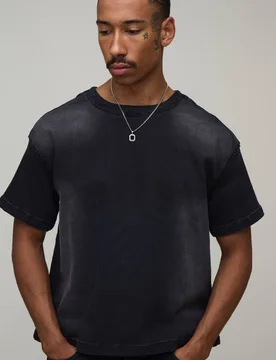 Men's Oversized Boxy Stretch Denim T-Shirt Washed Black Size Large Washed Black L - boohooMAN - FashionsVida