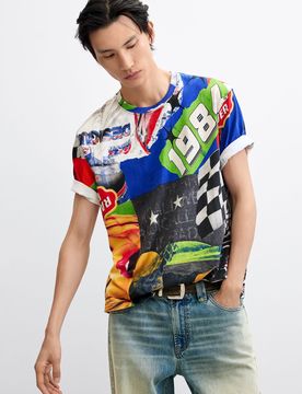 T-shirt imprimé racing, , Coton, Rouge, XS