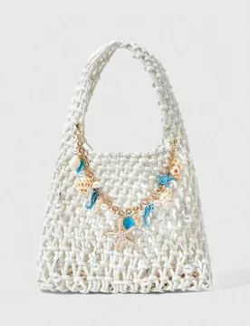 Pieza Bolso de playa tejido con concha de océano azul y estrella de mar, estilo vacacional, que incluye 1 bolso y 1 set de accesorios, para mujer, pa - Shein - FashionsVida