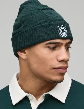 Mens Circa 98 Crest Checkerboard Beanie - Forest Green - One Size - boohooMAN - FashionsVida