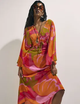 Womens Kaftan Dress Pink Leaf Print Long Sleeve V-Neck Viscose - Size Small - River Island - FashionsVida