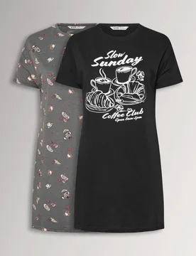 Women's 2 Pack 'Coffee Club' Sleep T-Shirt Night in Black Size: 26-28 - Black - Size: 26-28 - Yours - FashionsVida