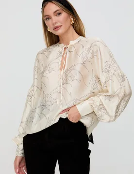 Rosetti Billowy Sleeves Hand Drawn Floral Print Blouse In Cream - 8 - Lily and Lionel London Limited - FashionsVida