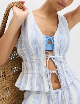 Pure Cotton Striped Tie Front Beach Top Blue Mix female - M&S - FashionsVida