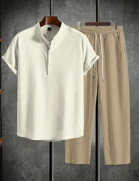 Conjunto de camisa y pantalones de ajuste holgado minimalista con medio botón para hombre, de verano, atuendo cómodo - Shein - FashionsVida