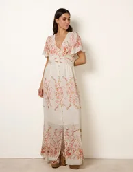 Floral Print Button Front Maxi Dress - L / PINK - female