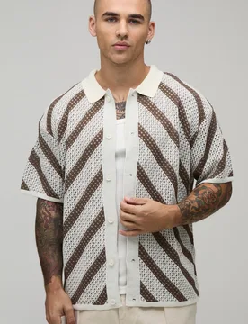 Men's Relaxed Stripe Open Stitch Knitted Shirt Brown Size Small Brown S - boohooMAN - FashionsVida
