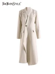 TWOTWINSTYLE Solid Spliced Pockets Irregular Trench For Women Lapel Long Sleeve Tunic Patchwork Button Temperament Coats Female