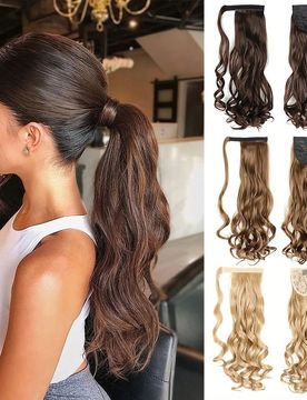 Extensión de cola de caballo rizada y ondulada, cola de caballo larga de color marrón con clip envolvente, extensiones de cabello sintéticas de alt