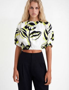 Blouse courte fleurs, Blanc, S