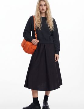 Vestido combinado liso, Algodon, Negro, XS