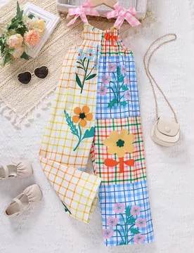Mono Con Tirantes Y Lazo En Los Hombros Para Niña Con Estampado Floral Y De Cuadros - Shein - FashionsVida