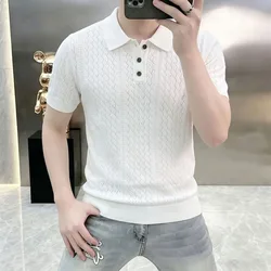 Summer New Style Men's Collarless Polo Shirt - Breathable Coolness Mesh Openwork Pattern Knitted Short Sleeve