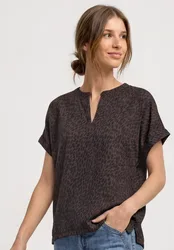 Shirt mit Strukturmix und Split Neck female Braun