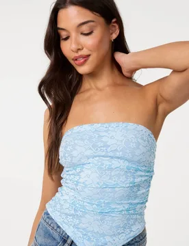 Women's Blue Bandeau Ruched Side Lace Top Size: Medium - Blue - Size: M - Pink Vanilla - FashionsVida