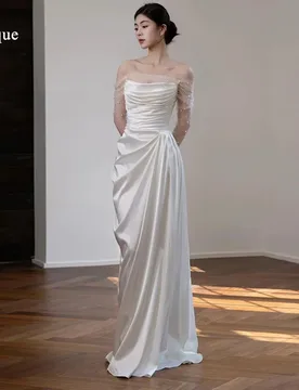 Qunque Ruched Bodice Satin Wedding Dress Off Shoulder Pleated Civil Bridal Gown Mermaid Pearls Vestido De Novia Boda Customized - Aliexpress - FashionsVida