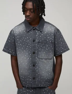Men's Washed Rhinestone Boxy Oversized Revere Denim Shirt Grey Size X-Small Grey XS - boohooMAN - FashionsVida