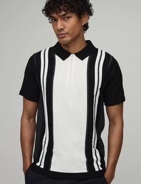 Herren Normal Geschnittenes Strick-Poloshirt Mit 1/4-Reißverschluss Und Streifen Black Größe Large