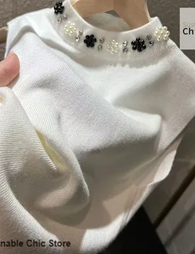 French ice silk with a high-grade suspender vest for women's summer and autumn new knitted slim collar beaded sleeveless top - Aliexpress - FashionsVida
