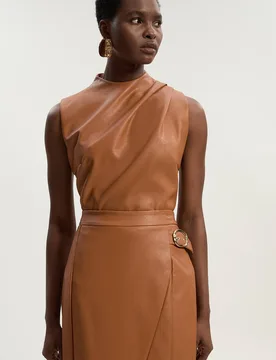 Women's Faux Leather Drape Sleeveless Top in Camel Size: 6 - Camel - Size: 6 - Karen millen - FashionsVida