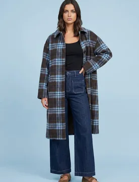 Women's Wool Blend Check Longline Coat in Blue Size: 10 - Blue - Size: 10 - Urban Bliss - FashionsVida