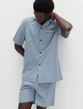 Pure Cotton Gingham Pyjama Set Blue Mix male - M&S - FashionsVida