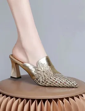 Women's Golden Rhinestone High Heel Mules 2026 Summer Pointed Toe Hollow Out Elegant Party Dress Shoes for Wedding Office Wear - Aliexpress - FashionsVida
