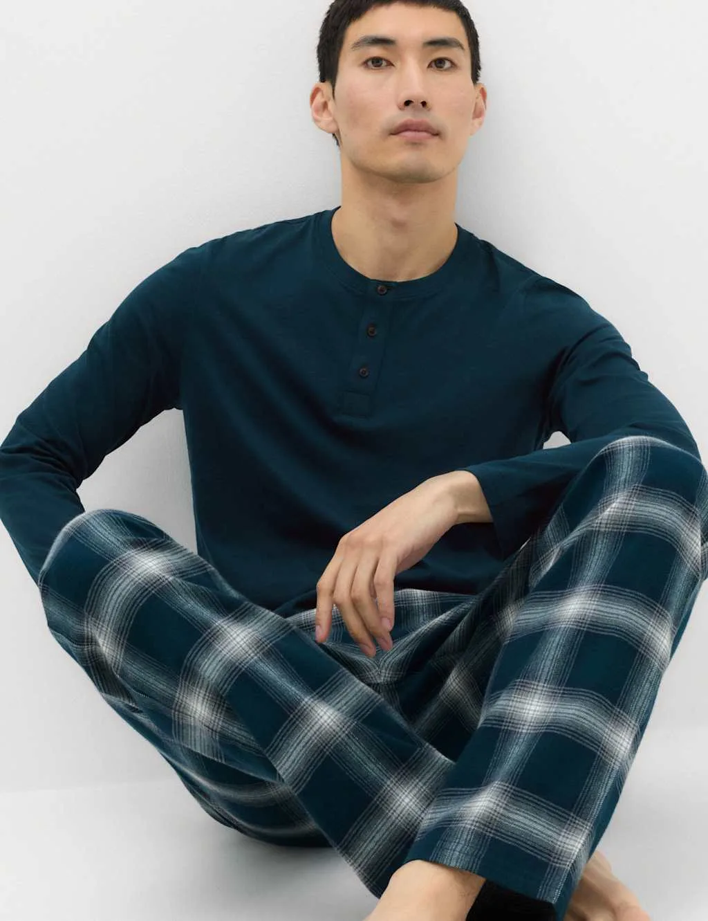 Brushed Cotton Henley Checked Pyjama Set Green Mix male - M&S - FashionsVida