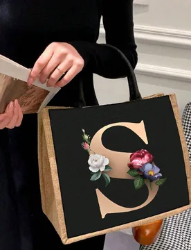 Bolso de tela para mujer, bolso de compras de gran capacidad, bolso de playa de lino, bolso de mano con estampado de letra dorada 26, bolso de tela de - Shein - FashionsVida