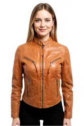 Women's Casual Slim-Fit Leather Biker Jacket-Tulsa in Brown Size: 12 - Brown - Size: 12