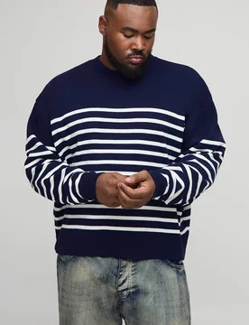 Herren Plus Gestrickter Streifen Oversized Rundhals Pullover Dark Navy Größe 2XL - boohooMAN - FashionsVida
