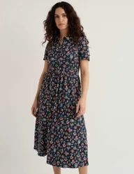 Pure Cotton Floral Midi Shirt Dress Navy Mix female