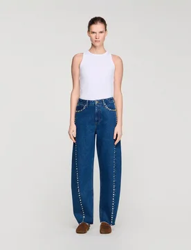 Vaquero barrel de mujer 100% algodón de talle alto con strass - sandro - FashionsVida