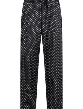 Polka Dot Silk Pants with Elastic Waist & Vertical Pleats