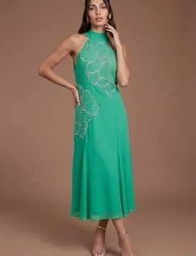 Women's Embellished Midi Dress With Godet Pleats in Green Size: 8 - Green - Size: 8 - Coast - FashionsVida