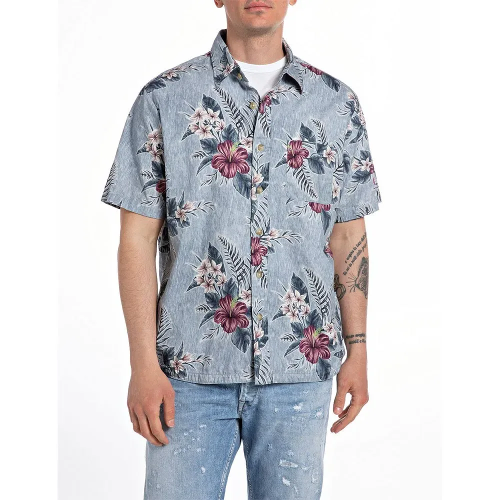 Camicia A Maniche Corte M119 .000.7920 Blue With White Micro Triangle XL - Replay - FashionsVida
