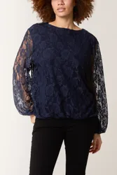 Lace Puffball Round Neck Top - S/M / NAVY - female