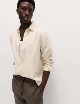 Regular Fit Pure Linen Striped Shirt Ecru Mix male - M&S - FashionsVida