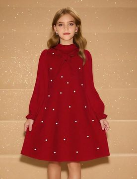 Vestido corto holgado de manga larga con cuello alto simulado, diseño de lazo 3D y perlas, elegante y minimalista, estilo femenino, color rojo navide